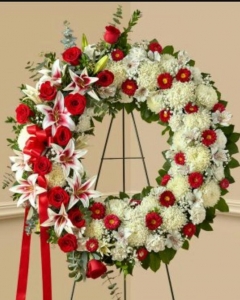 Red and white sympathy wreath